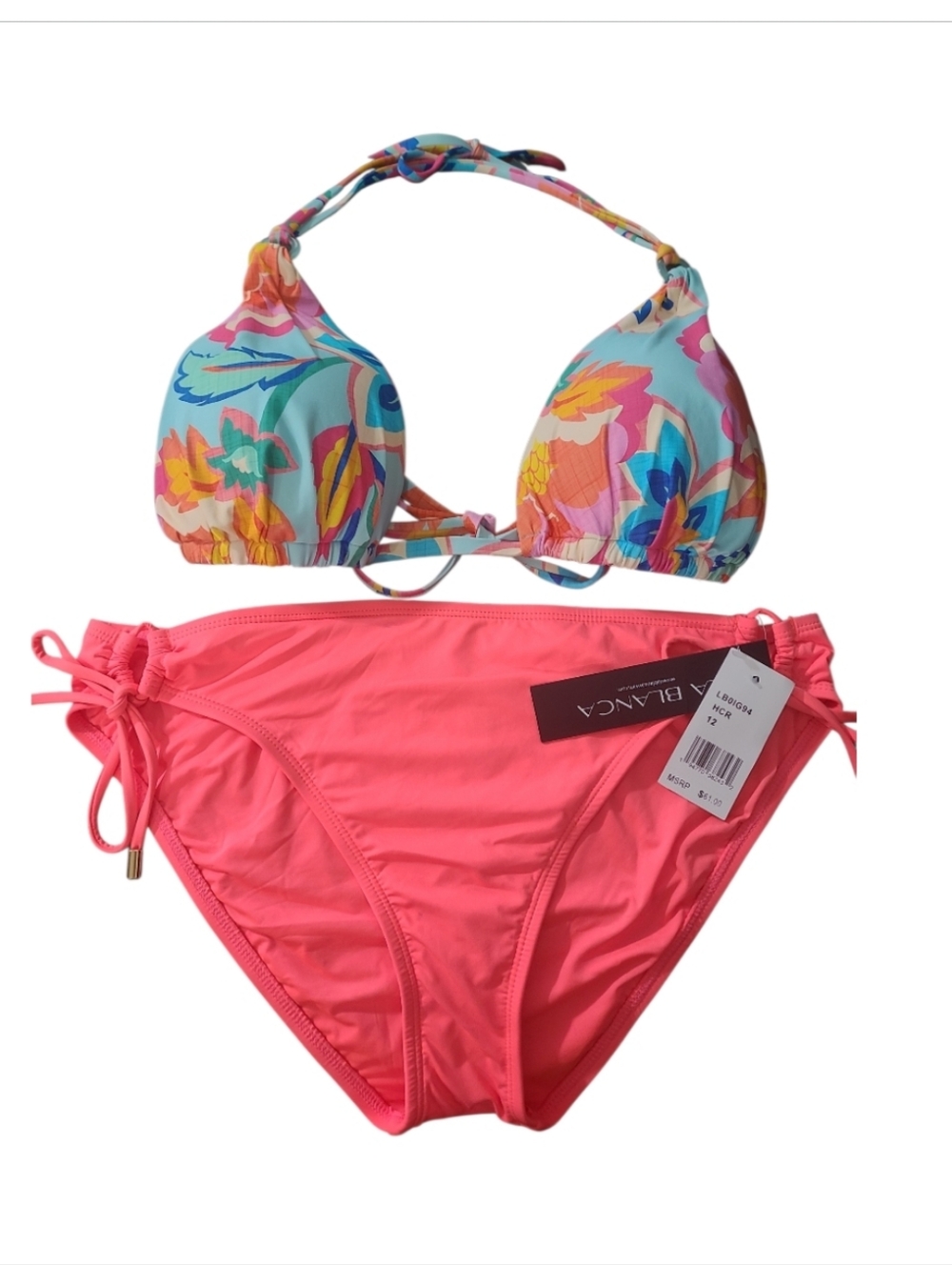 La Blanca Coral Tie-Side Bikini Bottoms with Multicolor Floral Halter Top 12 NWT - Picture 7 of 11